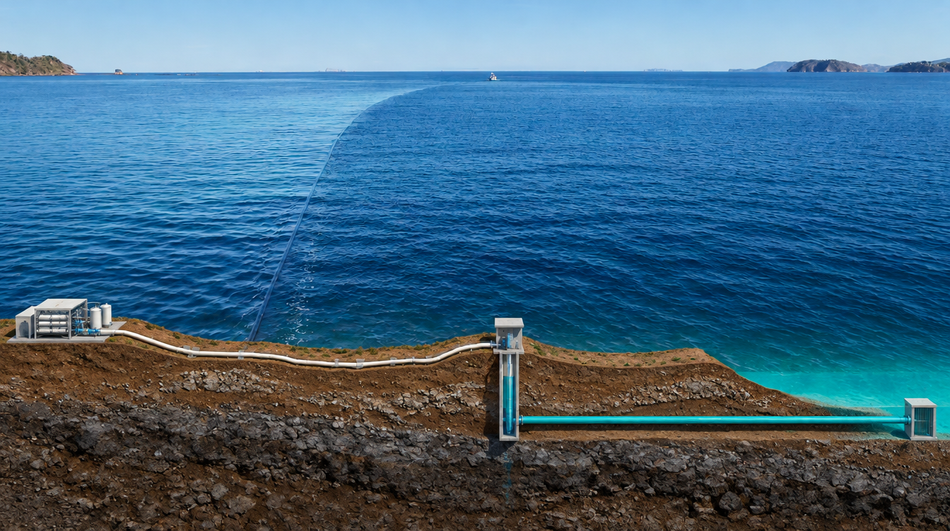 Conchal diagram: plant on the left, well and pumping station in the centre, and seawater intake on the right